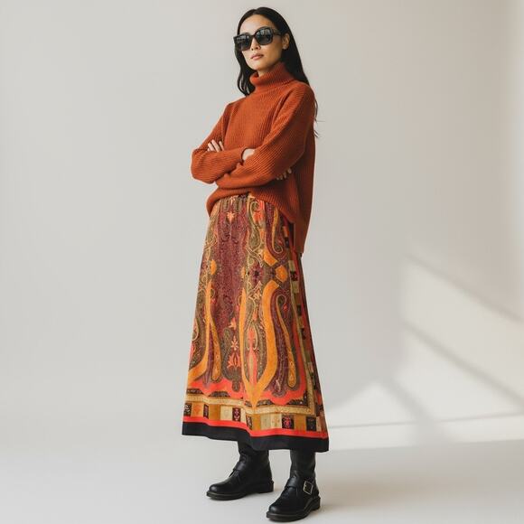 Vintage Scarf Skirt Pleated Paisley Fleur Print Sz 8 Hunting Prep Heritage - Picture 1 of 12